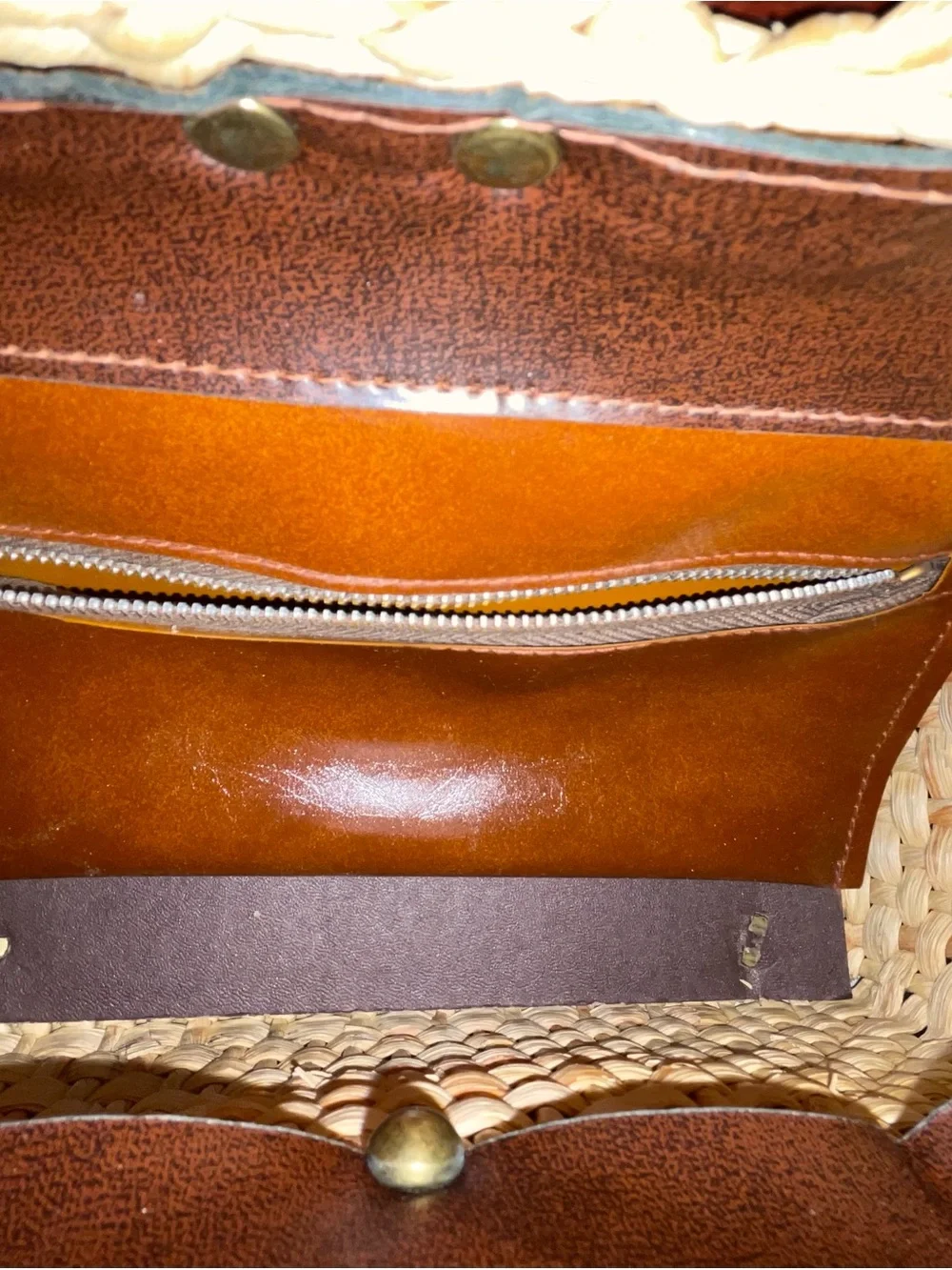 Vintage Woven Straw Tote with Brown Leather Trim